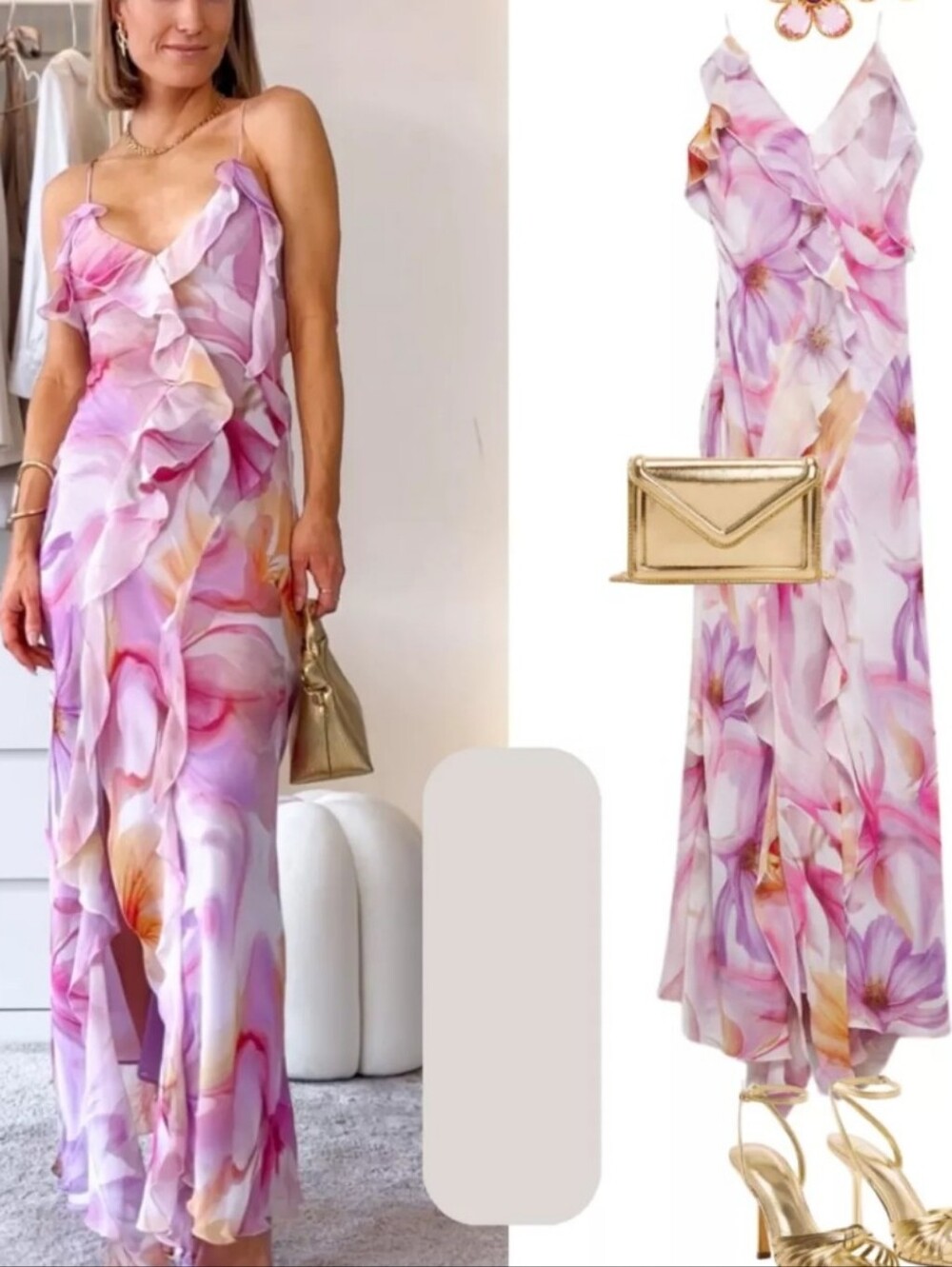 Mango Pink Lavender Floral Ruffle Maxi Dress